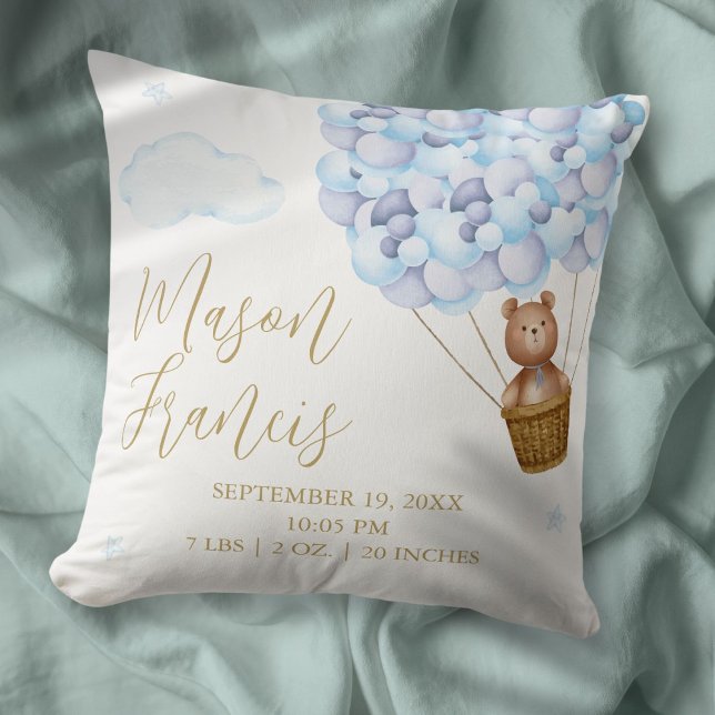Coussin Statistiques de naissance de bébé garçon ballons b (Teddy Bear Blue Balloons Baby Boy Birth Stats Throw Pillow)