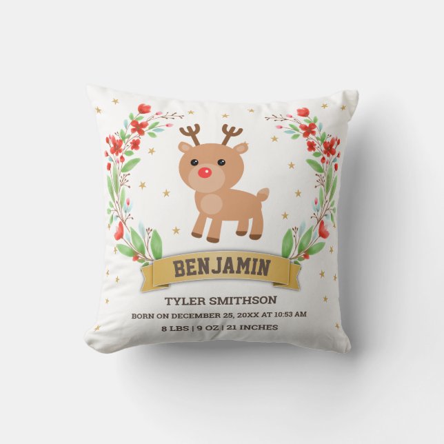 Coussin Statistiques de naissance de bébé garçon Renne de  (Recto)
