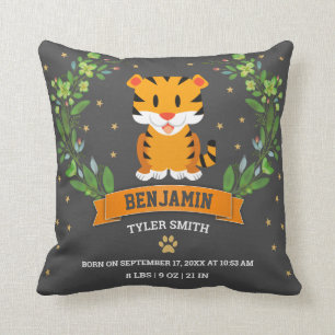 Coussin Statistiques de naissance de bébé garçon tigre de 