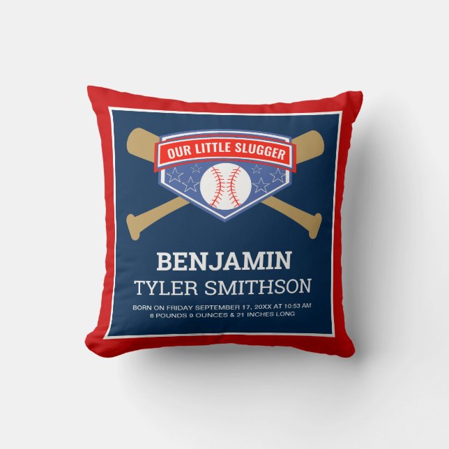 Coussin Statistiques de naissance de bébé joueur de baseba (Recto)