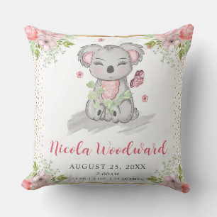 Coussin Statistiques de naissance de bébé koala floral aqu