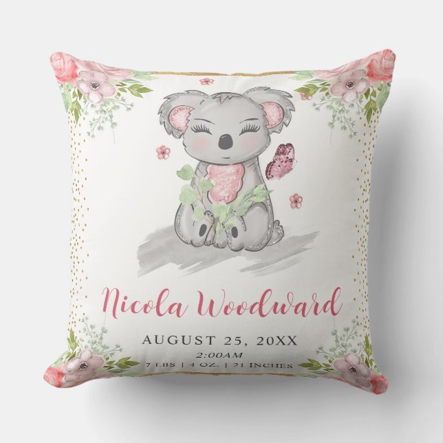 Coussin Statistiques de naissance de bébé koala floral aqu (Recto)