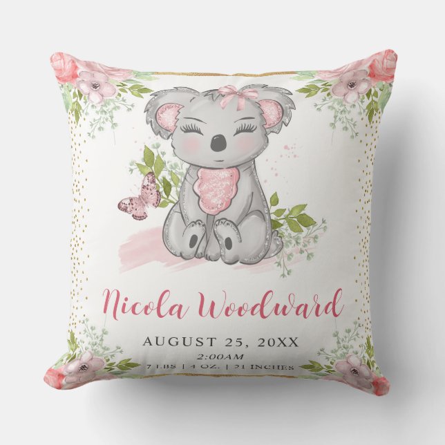 Coussin Statistiques de naissance de bébé koala floral aqu (Recto)
