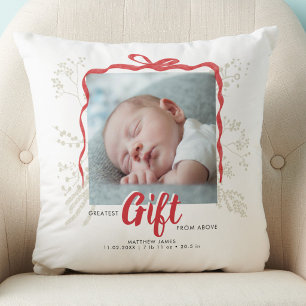 Coussin Statistiques de naissance de bébé Noël Ruban Rouge