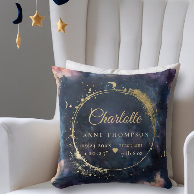 Coussin Statistiques de naissance de la lune céleste Keeps (celestial baby birth stats keepsake throw pillow star moon cosmos galaxy boho nursery decor)