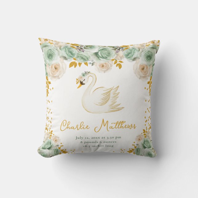 Coussin Statistiques de naissance des roses vert sauge et  (Recto)