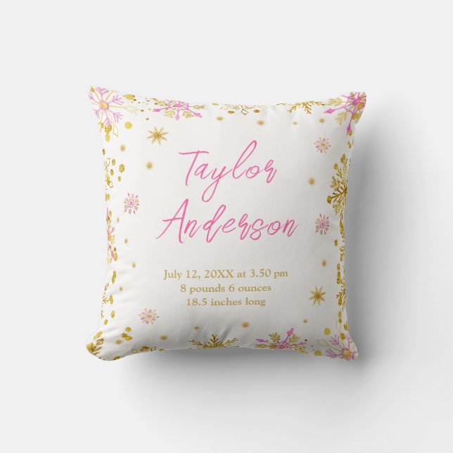Coussin Statistiques de naissance en flocons de neige rose (Recto)