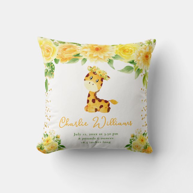 Coussin Statistiques de naissance Fleur Jaune Girafe (Recto)