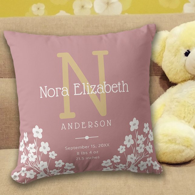 Coussin Statistiques de naissance Fleurs Monogramme Nurser (Créateur téléchargé)