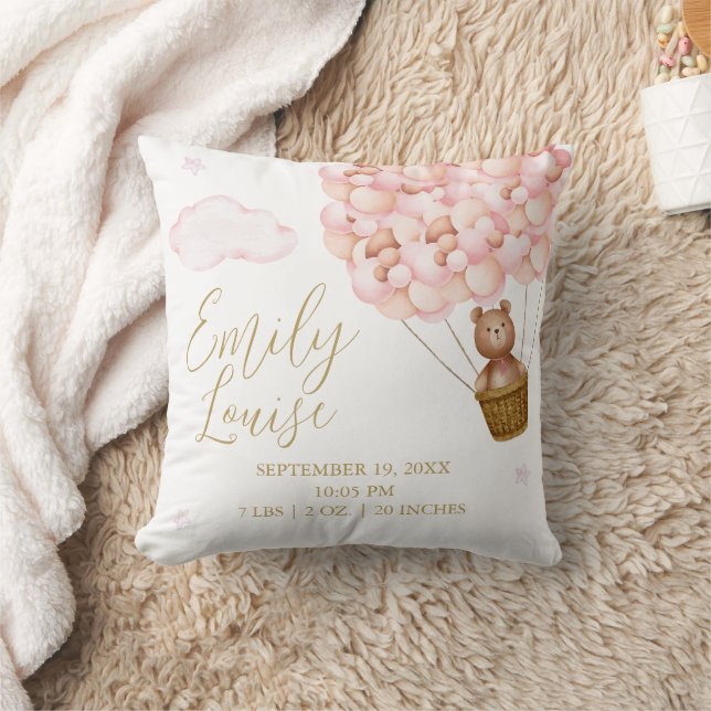 Coussin Statistiques de naissance pour fille avec ballons  (Couverture)