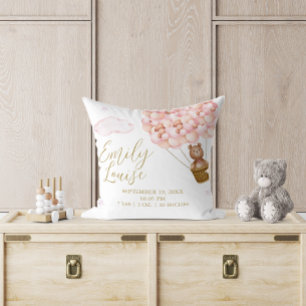Coussin Statistiques de naissance pour fille avec ballons 