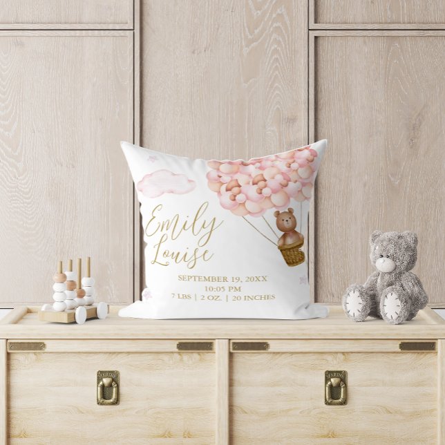 Coussin Statistiques de naissance pour fille avec ballons  (Teddy Bear Pink Balloons Baby Girl Birth Stats Throw Pillow)