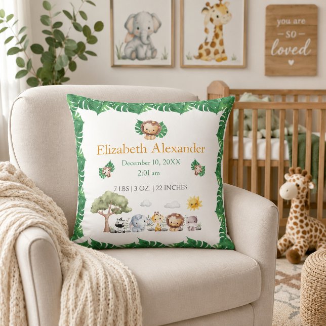 Coussin Statistiques de naissance Safari Baby Nursery  (Créateur téléchargé)