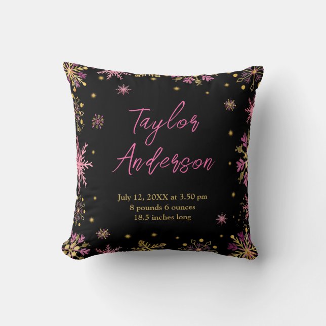 Coussin Stats de naissance des flocons d'or et de rose (Recto)