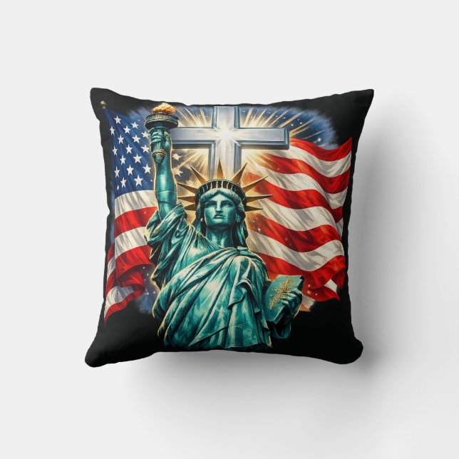 Coussin Statue de la Liberté avec drapeaux et croix (Verso)