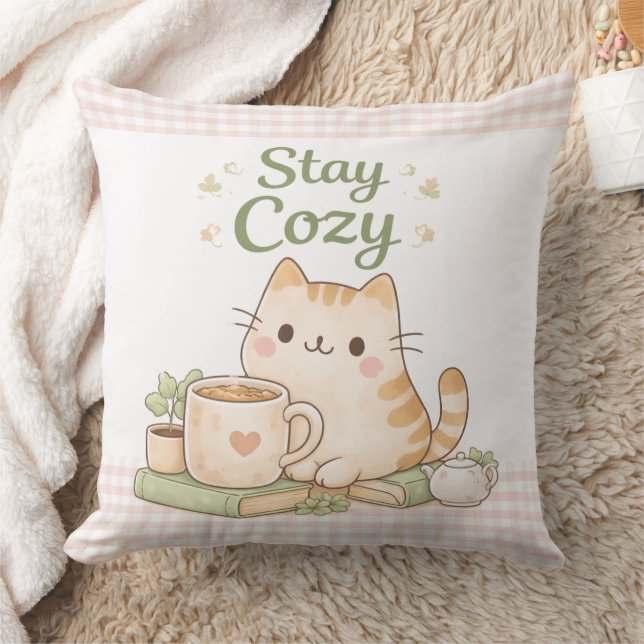 Coussin Stay Cozy Cute Kitty Cat Pink Gingham Sweet Home  (Couverture)