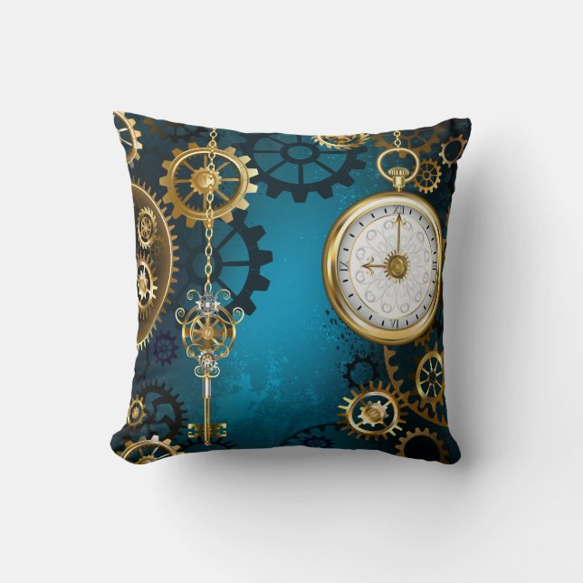 Coussin Steampunk Arrière - plan turquoise avec Gears (Recto)
