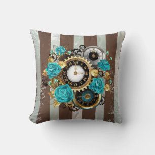 Coussin Steampunk Clock and Turquoise Roses on Striped