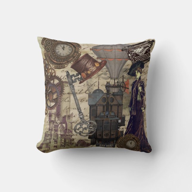 Coussin Steampunk Vintage industriel Imaginaire victorien (Recto)