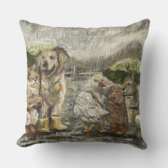 Coussin Still Together Whimsical Farmhouse Animals Rainy  (Recto)