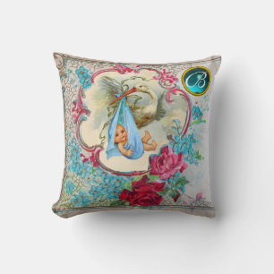 COUSSIN STORK BLUE GARÇON BABY SHOWER ROSES MONOGRAMME FLO