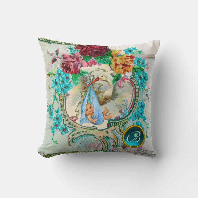 Coussin STORK GARÇON BABY SHOWER Floral Monogramme  (Recto)