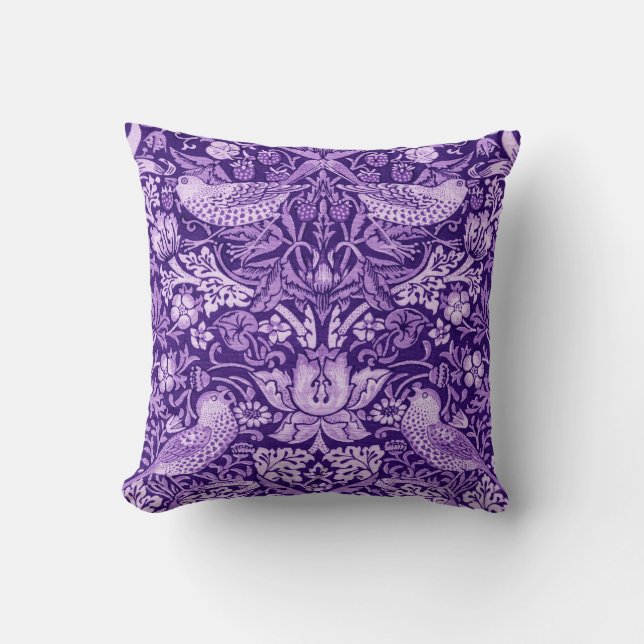Coussin Strawberry Thief Purple, William Morris (Recto)