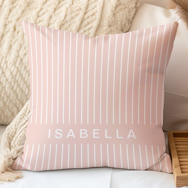 Coussin Stripe moderne Minimal Blush Pink Nom personnalisé (Créateur téléchargé)
