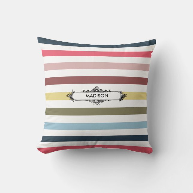 Coussin Stripes Arc-En-Ciel Chic Modernes Avec Nom Élégant (Recto)