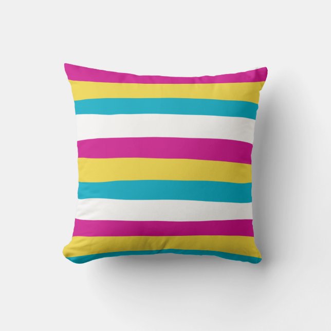Coussin Stripes inégales - Turquoise, Jaune, Rose et Blanc (Recto)