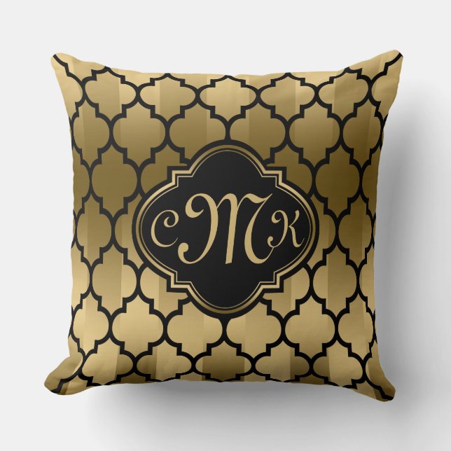 Coussin Stripes noir et or monogrammes et Quatrefoil (Recto)