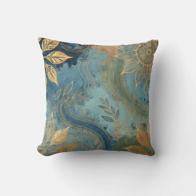 Coussin Style Abstrait d'artisanat bleu-feuille d'or 26 (Recto)
