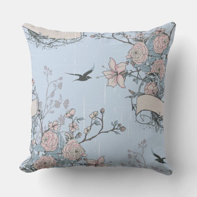 Coussin Style asiatique Pastel Pink Lys et Roses sur Blue (Recto)