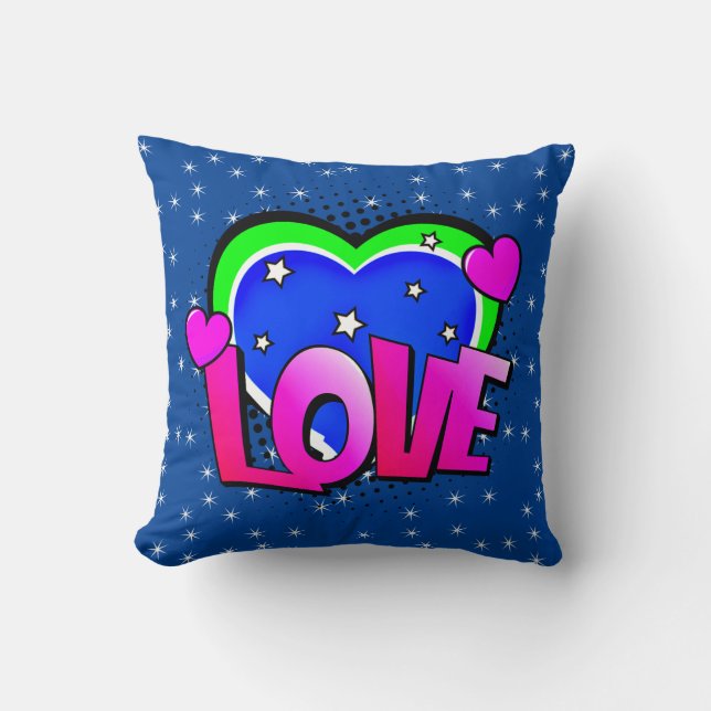 Coussin Style BD Pop Art Retro Bleu rose Vert AMOUR (Recto)