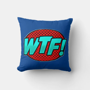 Coussin Style BD Pop Art Retro Blue Aqua Red WTF Thon