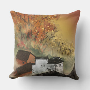 Coussin Style chinois vintage Arbres d'automne et fermes