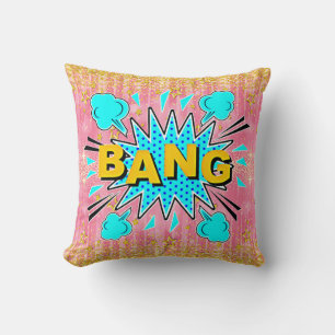 Coussin Style comique Pop Art Retro Aqua Blue Gold BANG