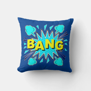 Coussin Style comique Pop Art Retro Aqua Blue Yellow BANG