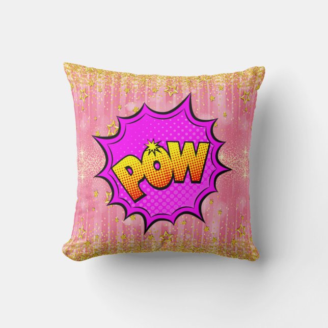 Coussin Style comique Pop Art rétro Jaune violet rose POW (Recto)