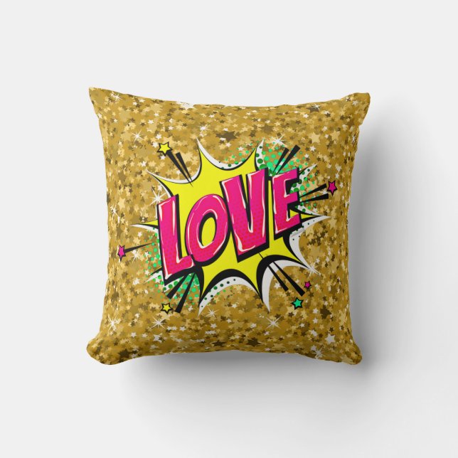Coussin Style comique Pop Art Retro Stars Jaune Rose AMOUR (Recto)