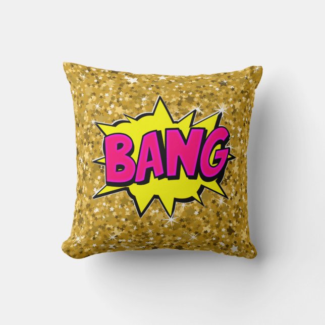 Coussin Style comique Pop Art rétro Yellow Rose Gold BANG (Recto)