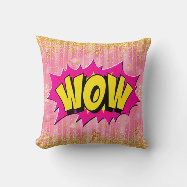 Coussin Style comique Pop Art rétro Yellow Rose Gold WOW (Recto)