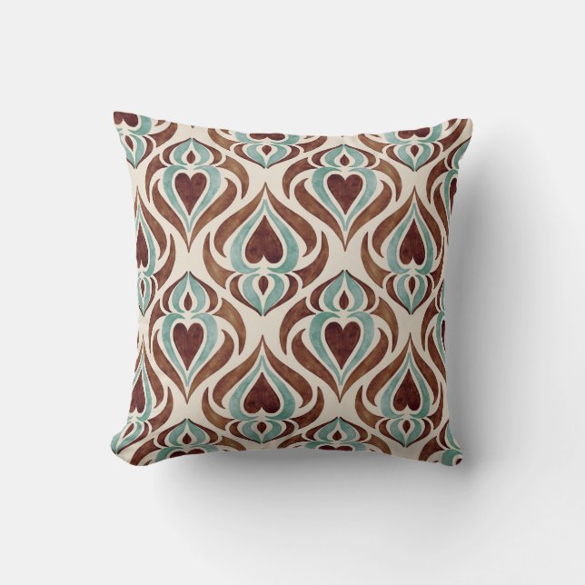 Coussin Style damassé élégant - couleur turquoise et marro (Recto)