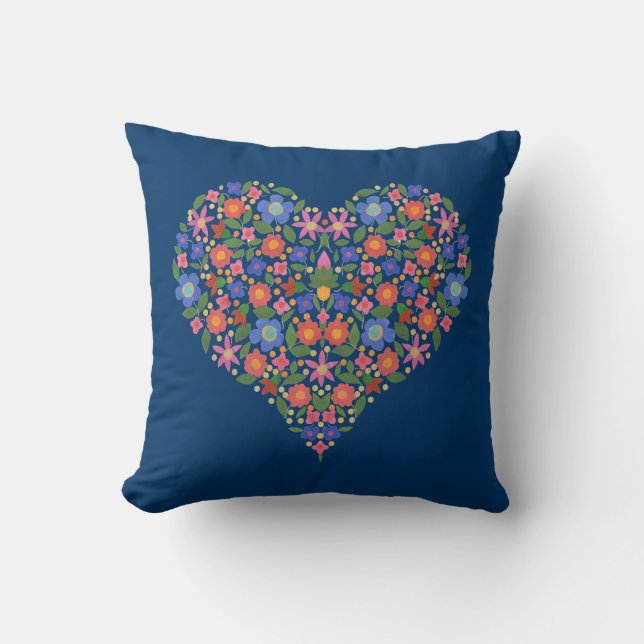 Coussin Style d'art populaire Coeur floral sur Moody Blue  (Recto)