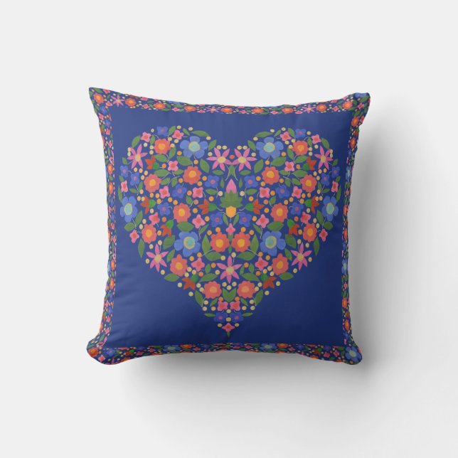 Coussin Style d'art populaire Coeur floral sur Royal Blue  (Recto)