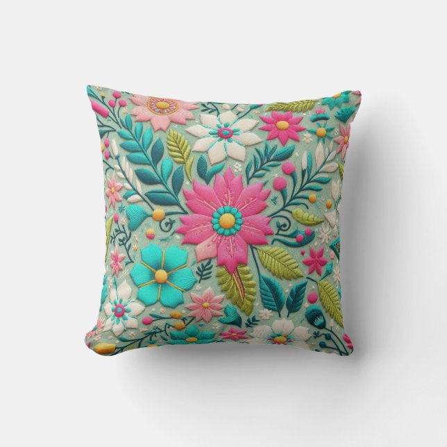 Coussin Style de broderie rose Turquoise (Recto)