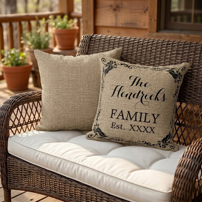 Coussin Style de ferme rustique Nom de famille Année de fo (Créateur téléchargé)