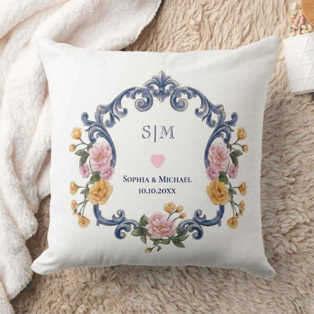 Coussin Style Élégant Mariage Bleu Monogramme et Floral (Couverture)