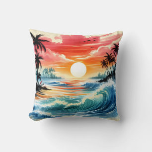Coussin Style encre japonaise Art Ocean Waves Coucher de s