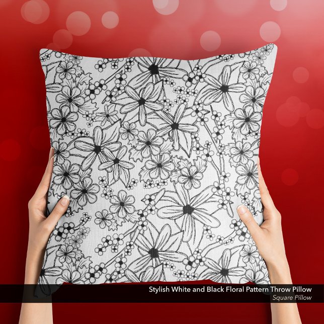 Coussin Style floral blanc et noir (Stylish White and Black Floral Pattern Throw Pillow with a Sketch-Like Hand-Drawn Feel.)